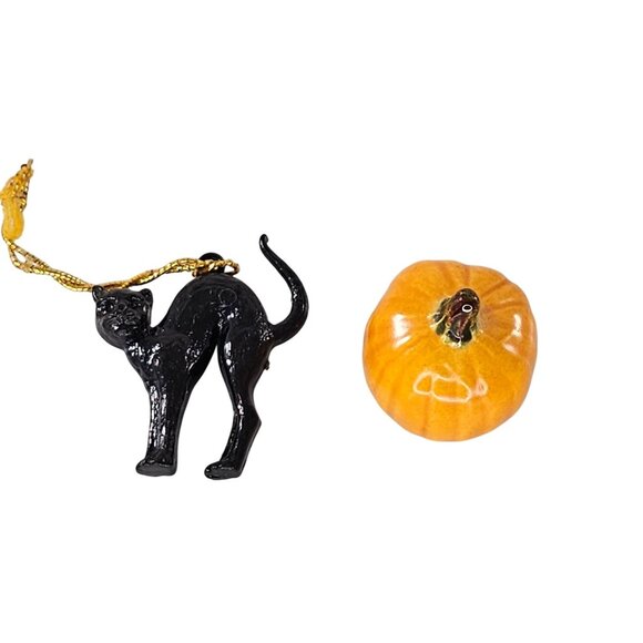 Black Cat Miniature Ornament Orange Pumpkin Bone China Figurines Set Halloween - Picture 1 of 8